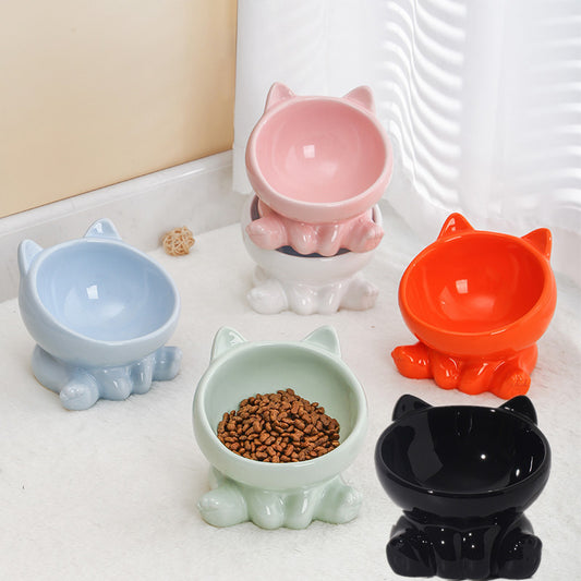 Ceramic Oblique Cat Dog Bowl with Neck Guard